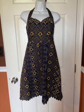 Anthropologie Edme & Esyelle Rhythmic Repetition Dress, Navy & Gold, Size 6
